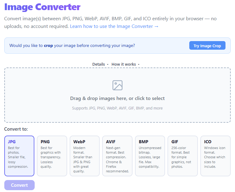 Thumbnail for Image Converter — Convert images in the browser (JPG, PNG, WebP, AVIF, BMP, GIF, ICO)